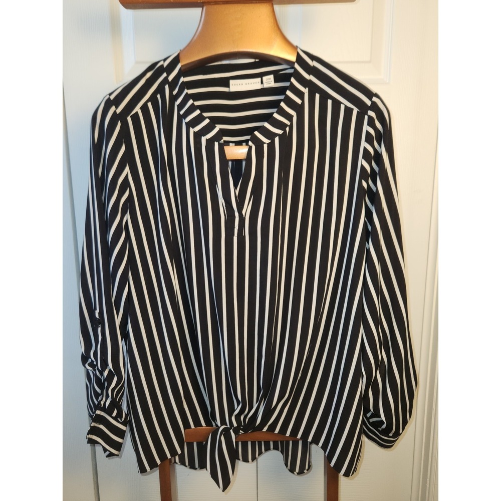 Susan Graver Black White Striped V Neck Blouse Front Hem Tie Size 20W - Picture 1 of 5
